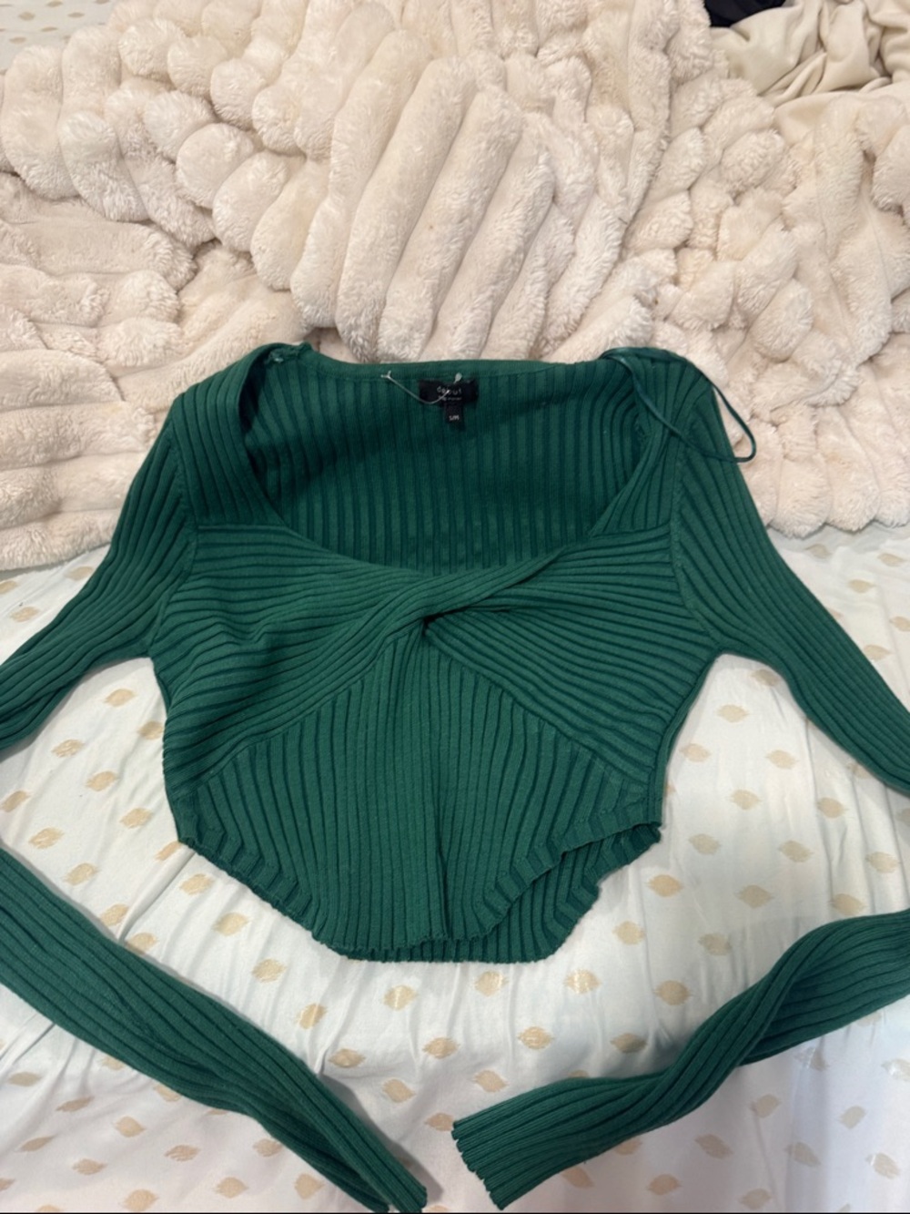 debut Dark Green Ribbed Twist-Front Long Sleeve Top